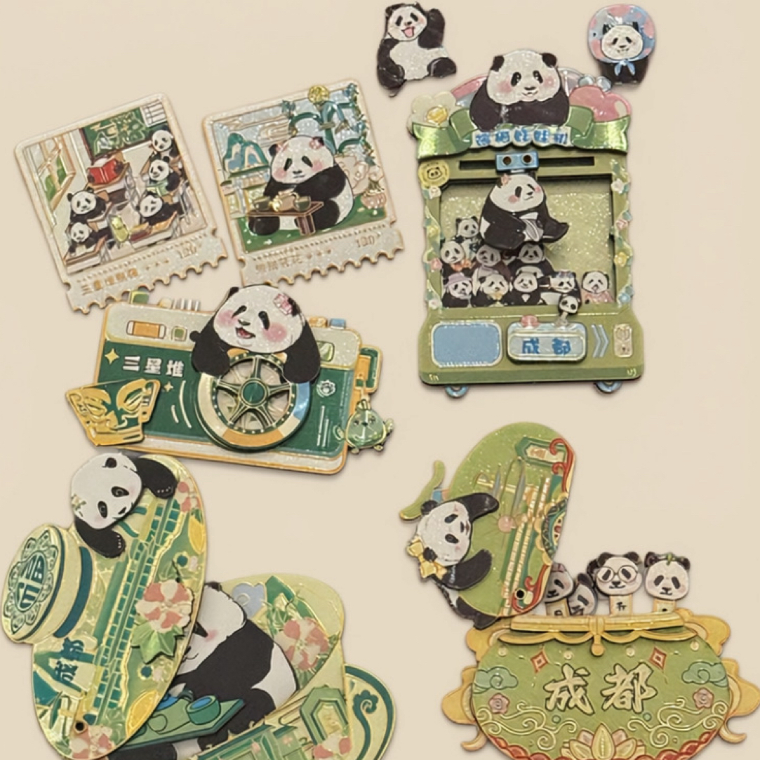 熊猫花花萌兰原创木质冰箱贴银箔可活动成都纪念品礼物