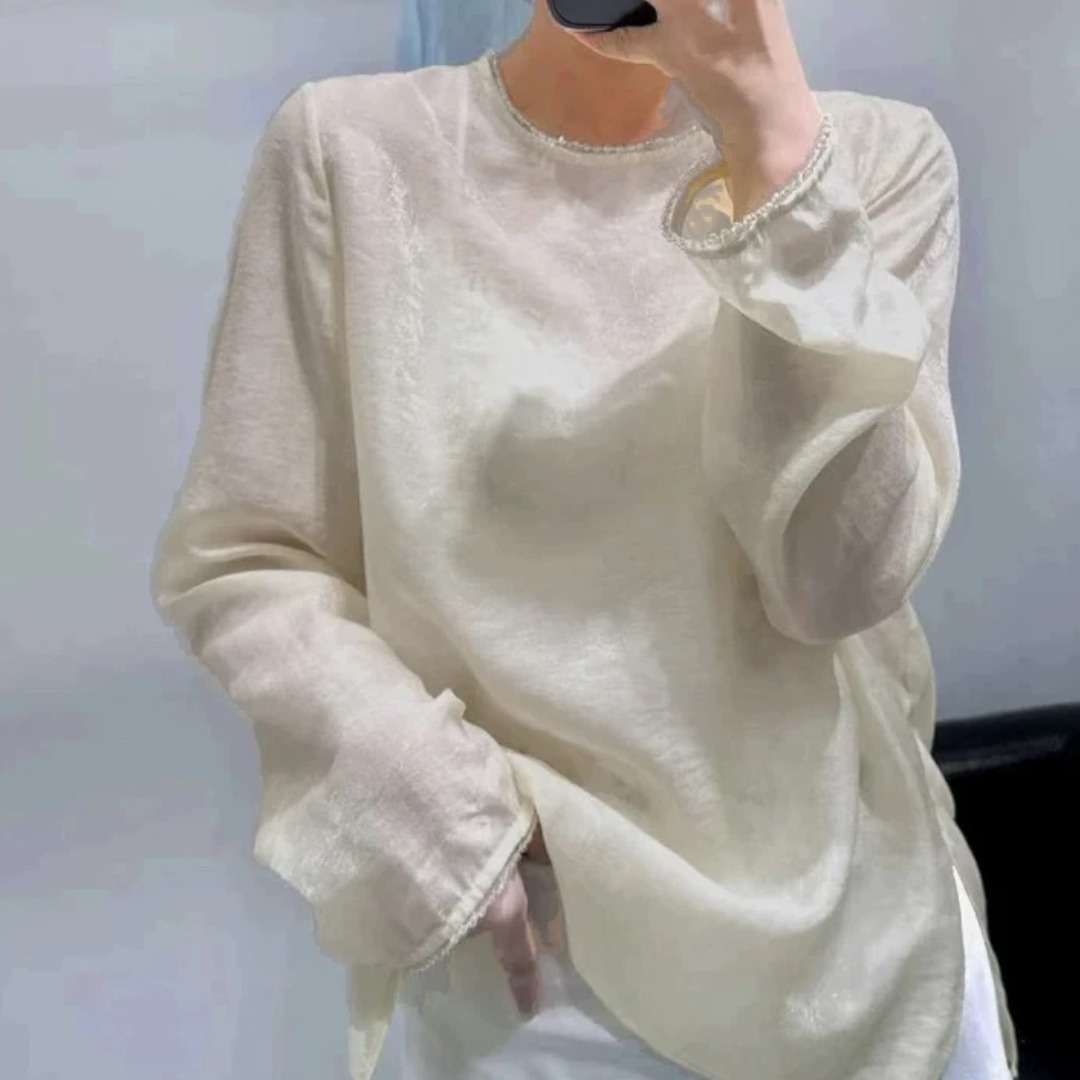 2226国潮中式复古纯色穿珠珠光薄款秋冬白色韩版长袖打底衫ins卿