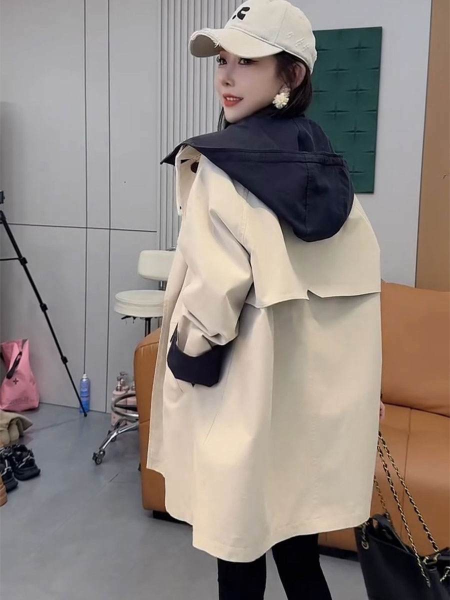 高端欧货秋季新款设计感小众两面穿连帽中长款宽松工装风衣外套女