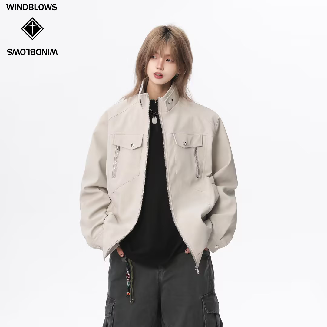 WIND BLOW2025短款春装立领散口袖中性百搭PU皮夹克时尚潮流设计