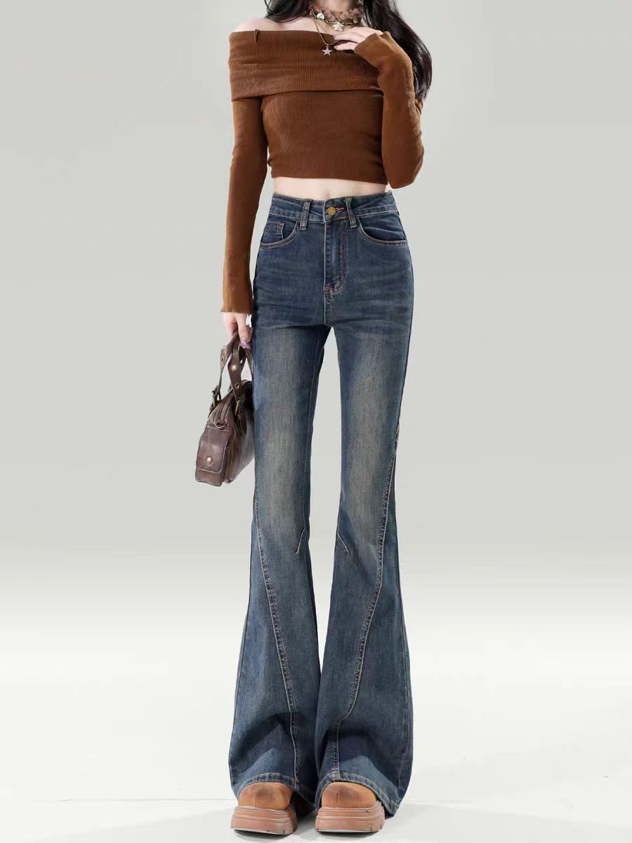 【现货+运费险】微喇加绒加厚高腰牛仔裤女大码百搭修身显瘦喇叭裤