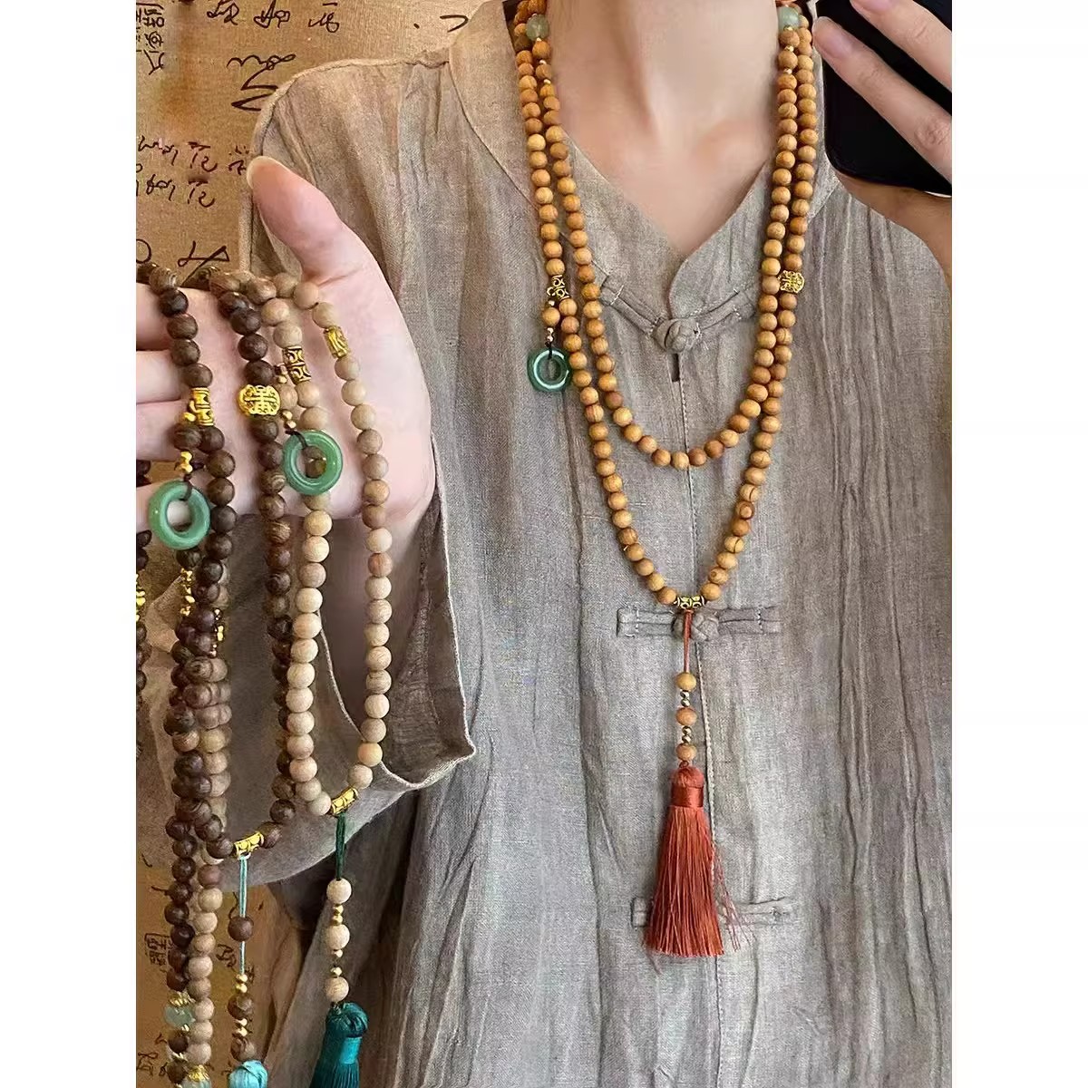 非金属木质项链 原创新中式国风斜挎链流苏项链女复古毛衣链配饰