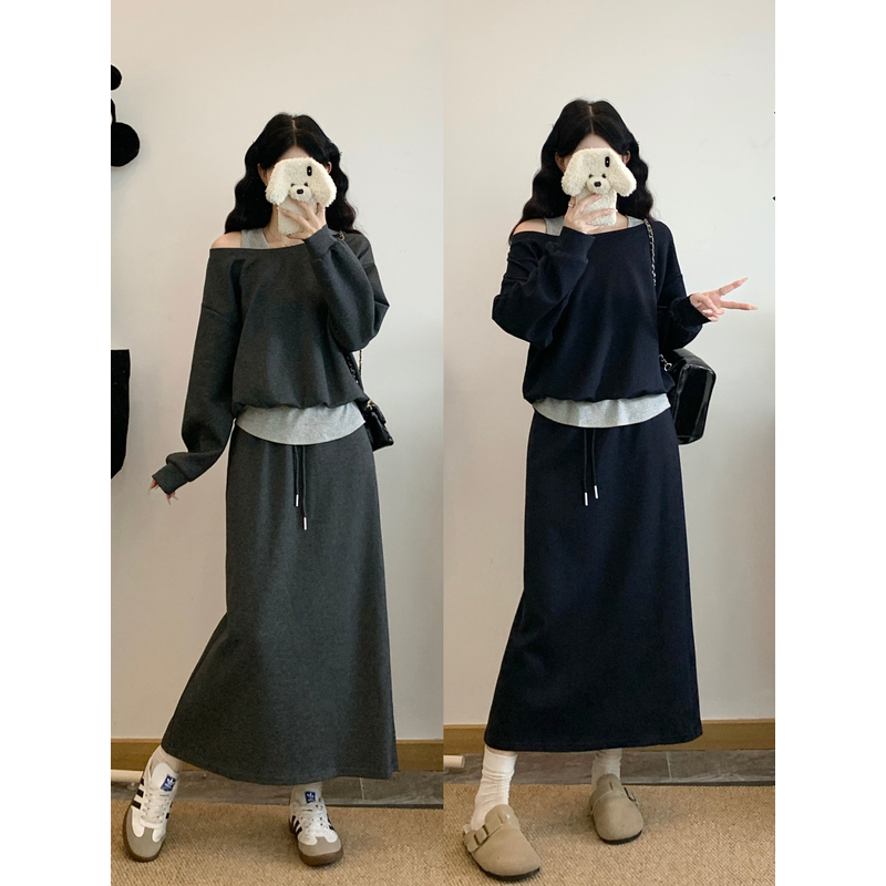 ootd穿搭一整套2025早秋新款韩系减龄假两件露肩卫衣半身裙两件套