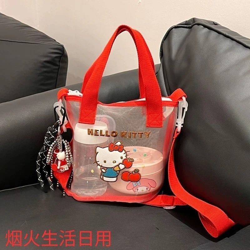 】新款网纱手提袋韩风卡通便当包便携大容量手拎斜挎包游泳收纳包