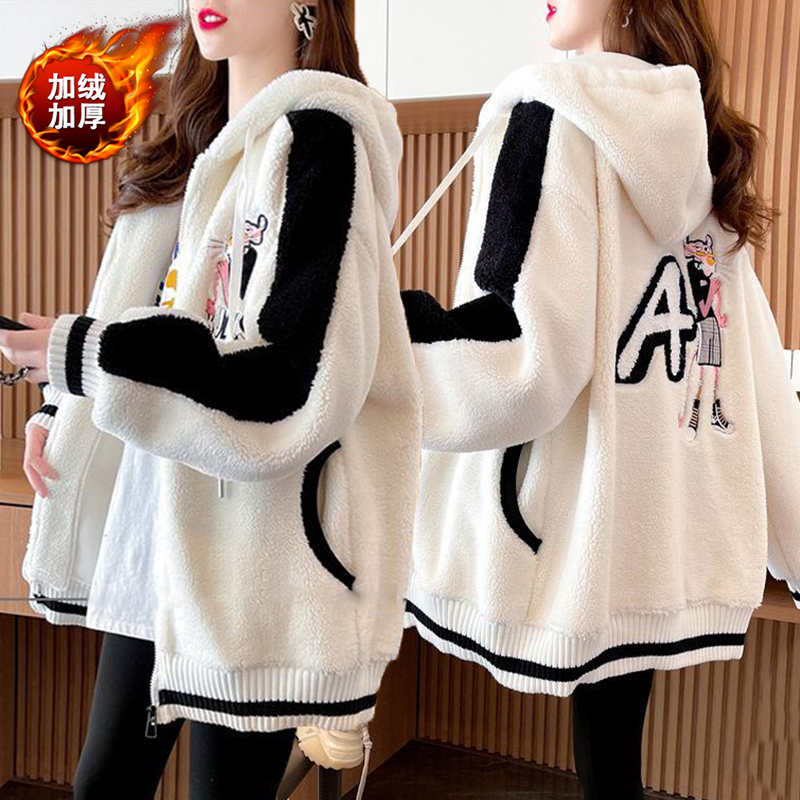 卡通刺绣羊羔毛连帽加厚外套女秋冬新款韩版宽松百搭外穿开衫上衣