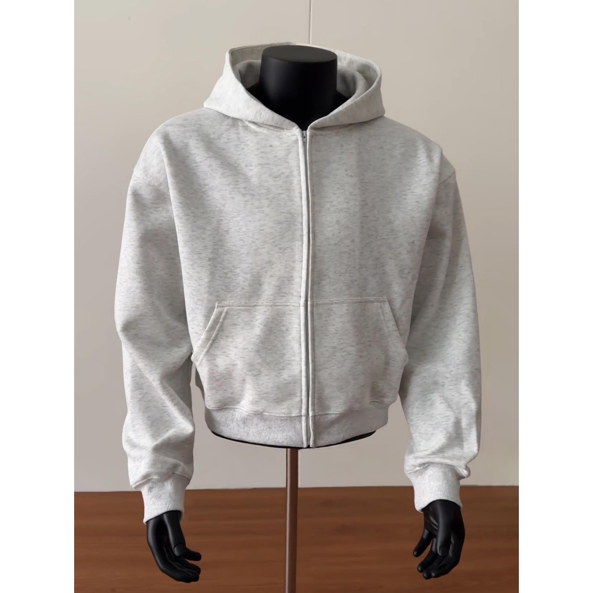 白花灰500g重磅开衫卫衣男款秋季短宽boxy外套美式cleanfit连帽衫