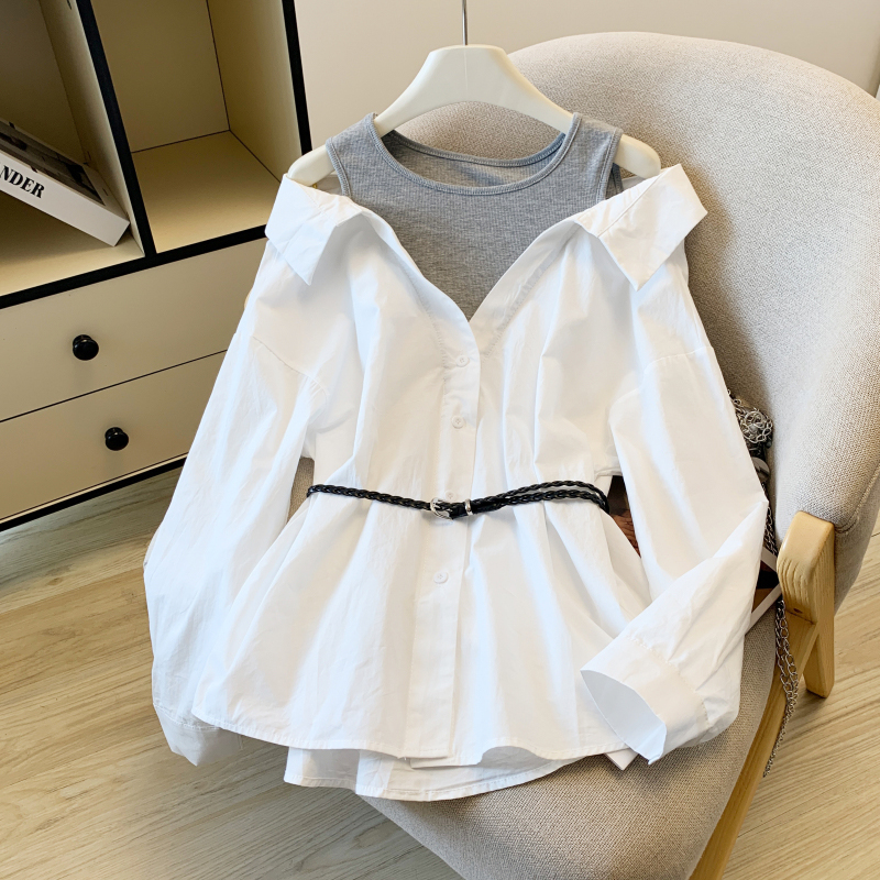 法式设计感露肩长袖衬衫女秋季年新款收腰上衣减龄假两件衬衣