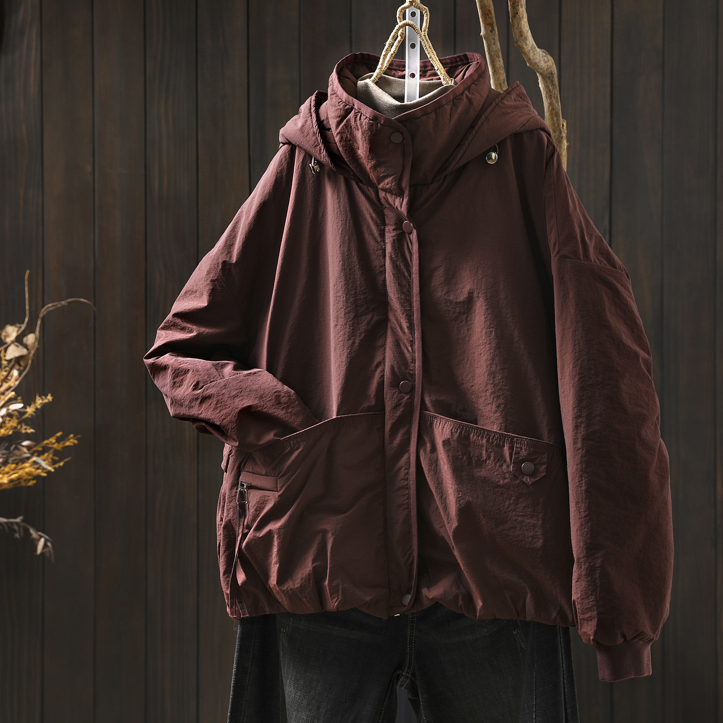 连帽夹棉外套女2025新款冬季轻薄复古纯色休闲简约小个子短款棉服