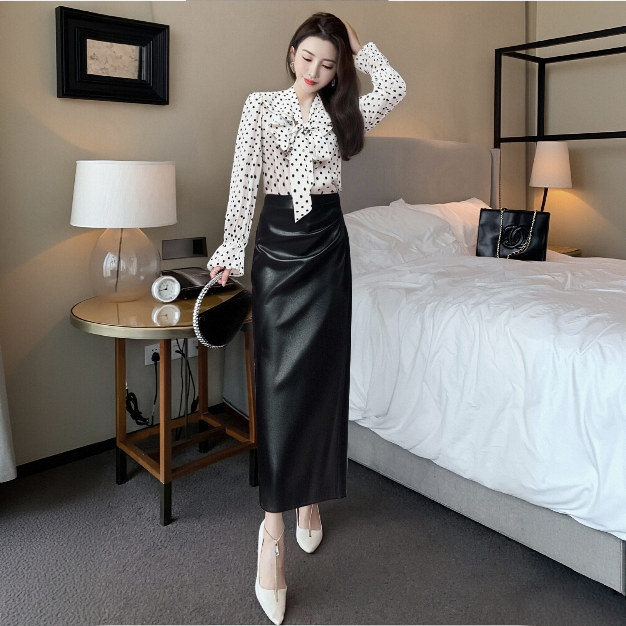 A【两件套】法式蝴蝶结秋季长袖飘带波点圆点衬衫+半身裙套装D3517