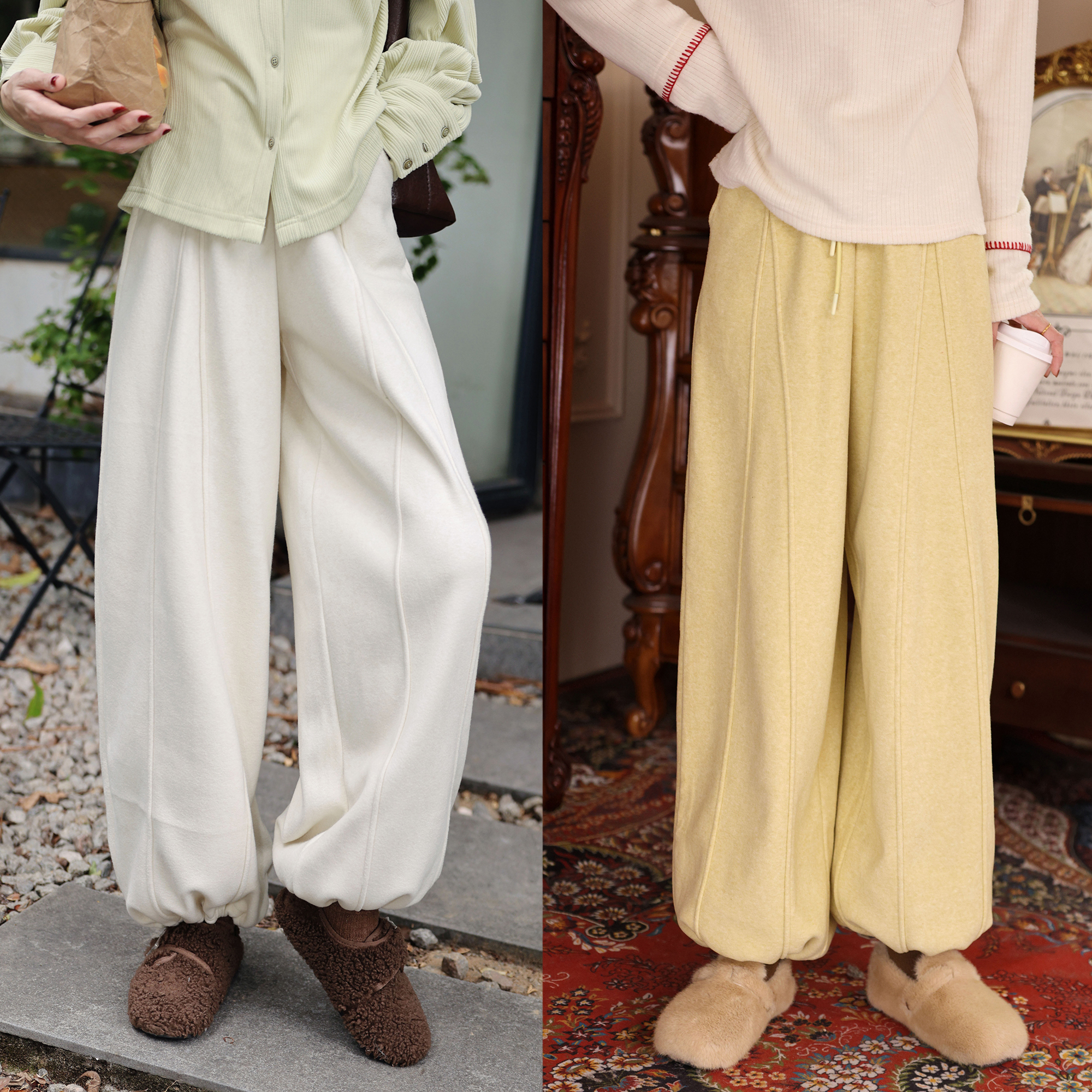 陈大器【故纸温黄】港风复古两穿加绒毛呢直筒休闲长裤JM2477613