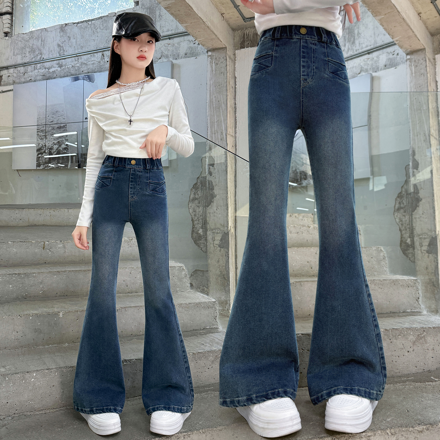 女童牛仔喇叭裤春秋款2025新款儿童洋气弹力休闲裤女大童网红裤子