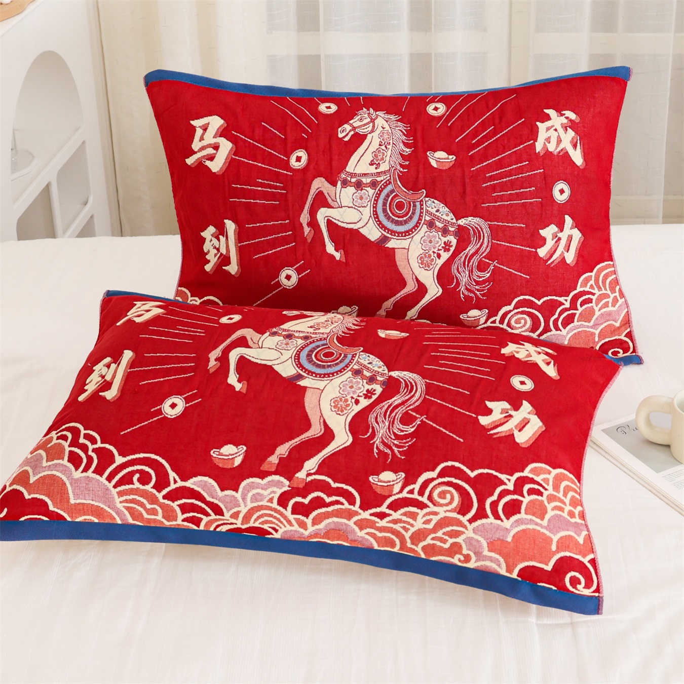 【马年纯福利】新年本命年红枕巾一对装52*78加大百福喜庆成人枕巾