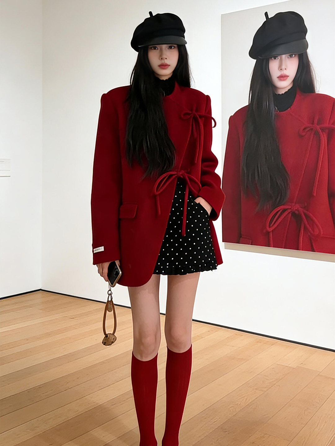 巨好看的冬装一套姐系贵感套装女红色系带百搭外套波点短裙两件套