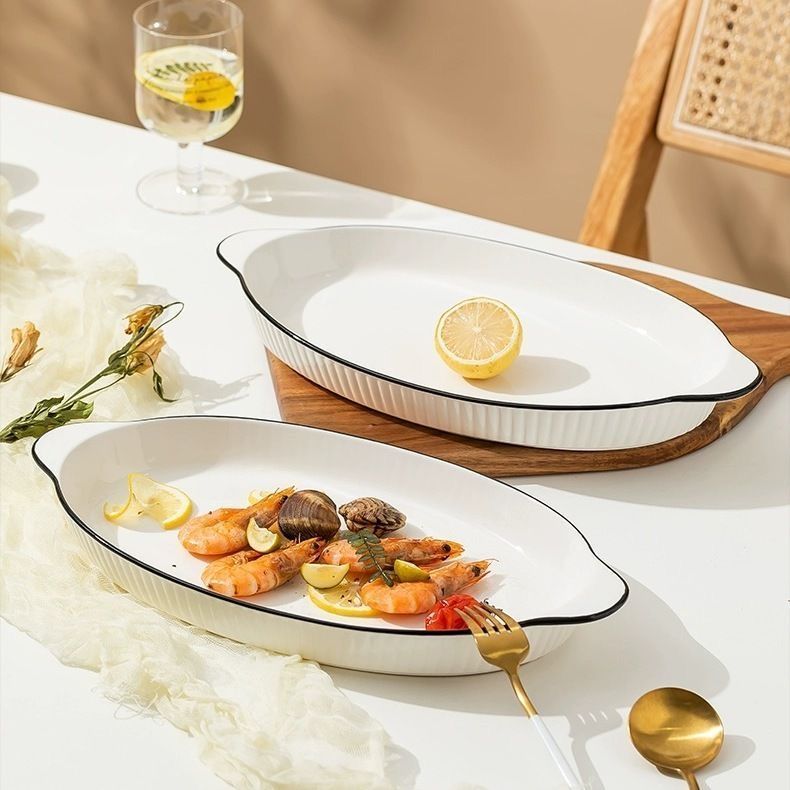 双耳鱼盘陶瓷特大号蒸鱼盘子家用菜盘防烫创意烤鱼盘子新款餐盘子