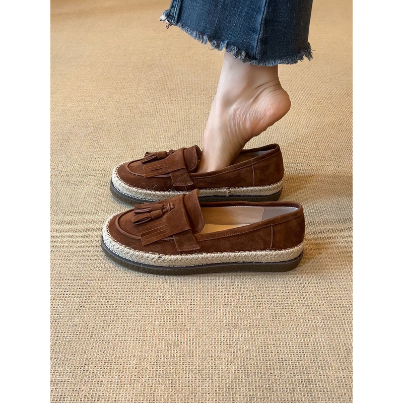 nnmiss·34-40/3cm复古风圆头流苏中口渔夫鞋百搭舒适草编平底单鞋