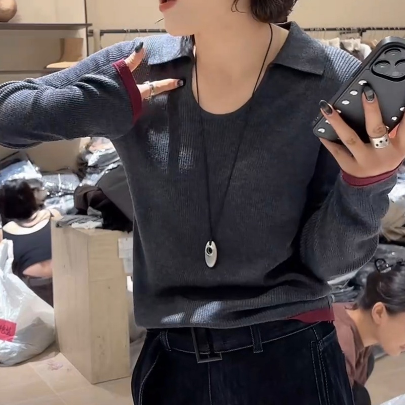 纯欲风显瘦秋季百搭U领polo领针织上衣LK2506419