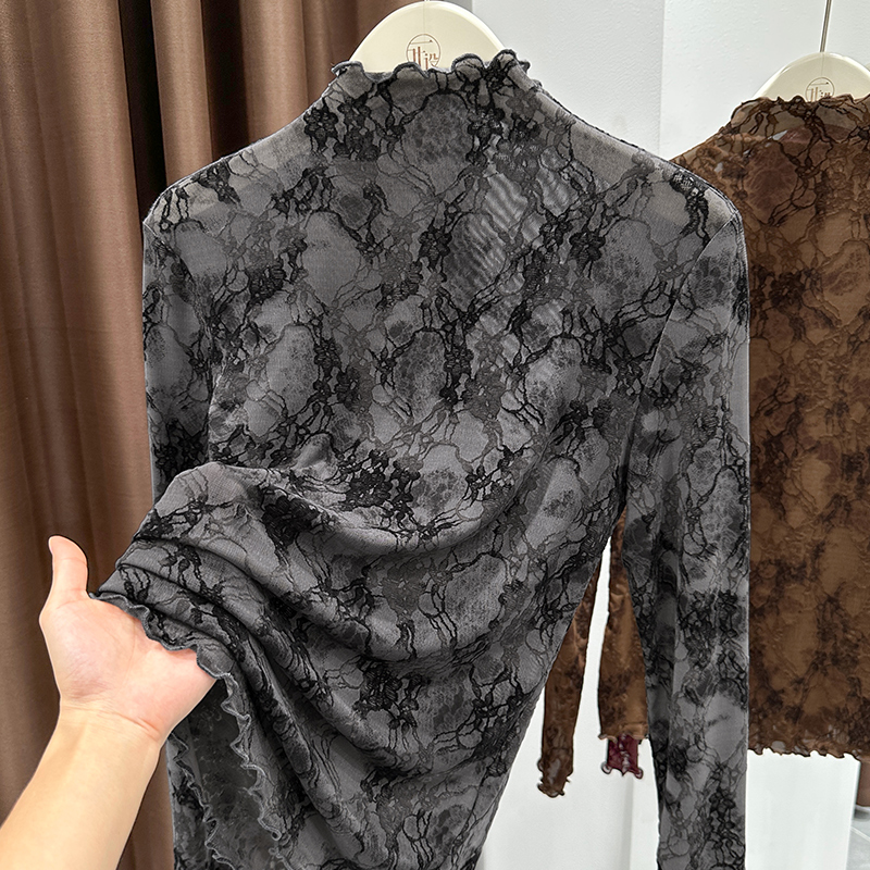 高档灰色水墨扎染蕾丝上衣2025秋季新款绝美内搭显身材半高领小衫