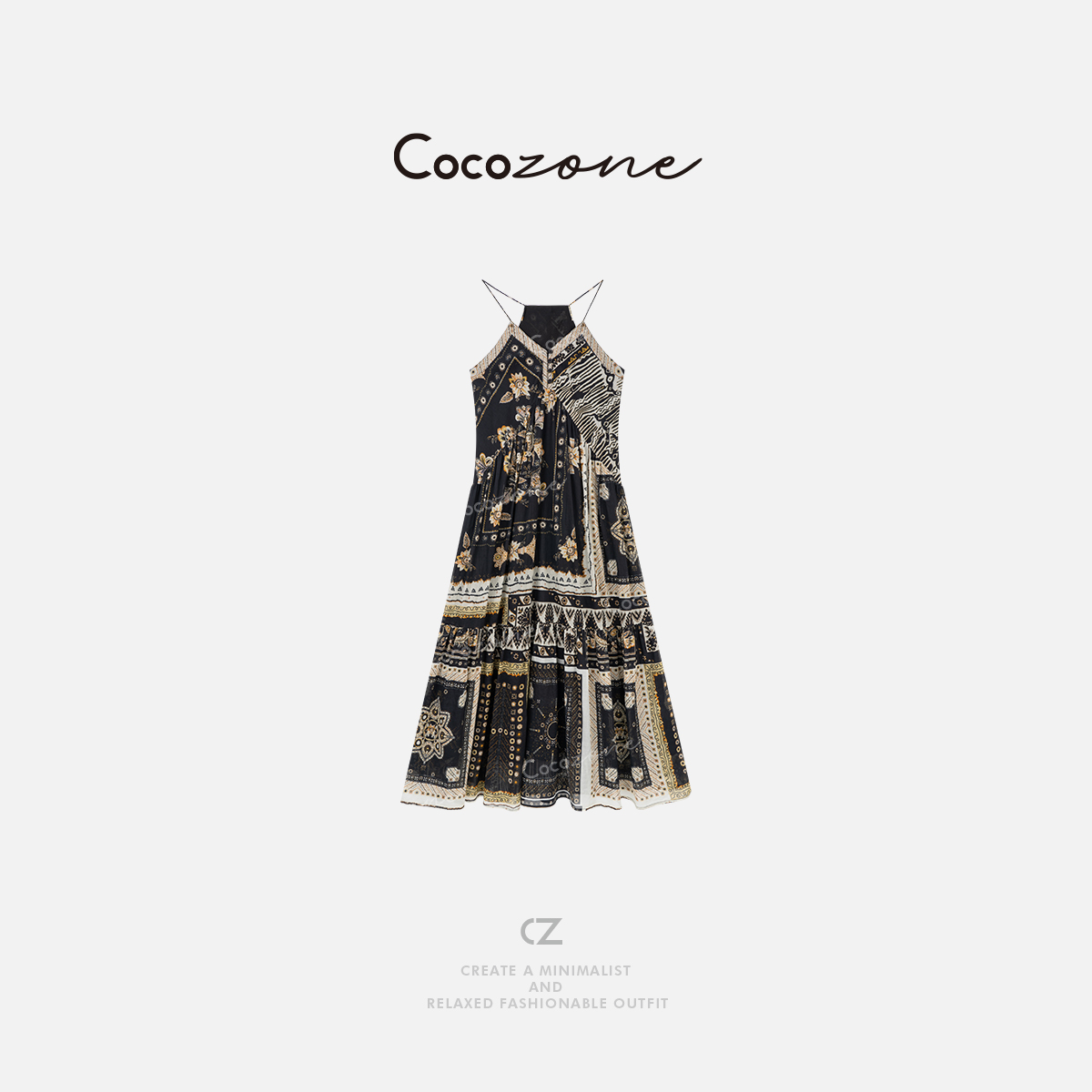 COCO ZONE 刘一一“图腾裙” 100棉复古植物花朵图案连衣裙CD2A1161