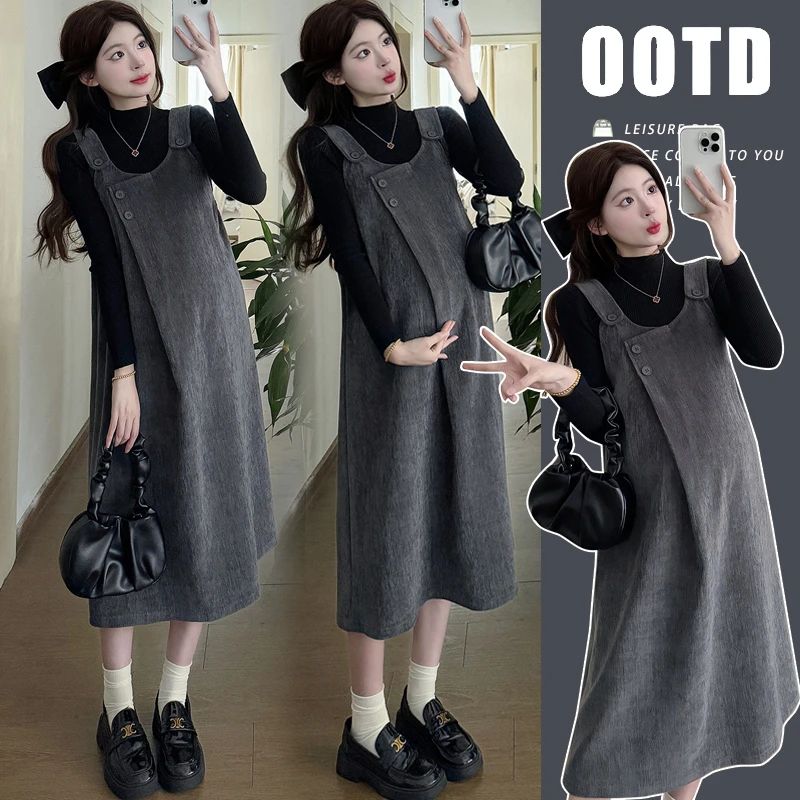 时髦孕妇装新款2025早秋新款孕妇装长袖打底衫背带裙连衣裙两件套