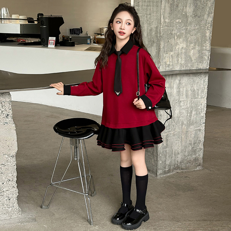 女童连衣裙春装2025新款大儿童红色学院风裙子春秋女孩公主裙洋气
