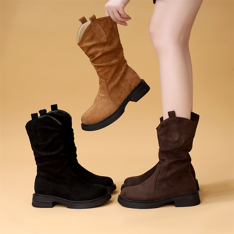 简约女轻便中筒秋冬马丁靴2025新款中筒靴百搭靴子冬季平底