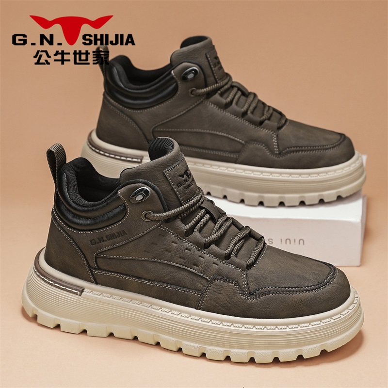 公牛世家秋冬季户外防水高帮马丁靴男士英伦休闲商务厚底工装男鞋