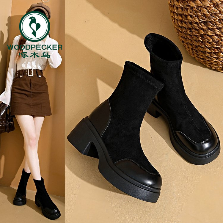 啄木鸟厚底瘦瘦靴短靴2025秋冬新款加绒女靴子中跟粗跟黑色弹力靴
