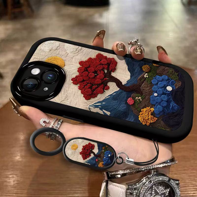 油画山川玫瑰适用苹果17promax手机壳iPhone16创意15泡芙壳14全包