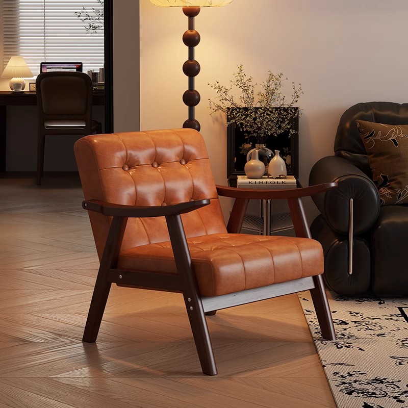 美物俪家单人沙发椅复古餐厅咖啡店椅子客厅中古风实木单椅休闲椅