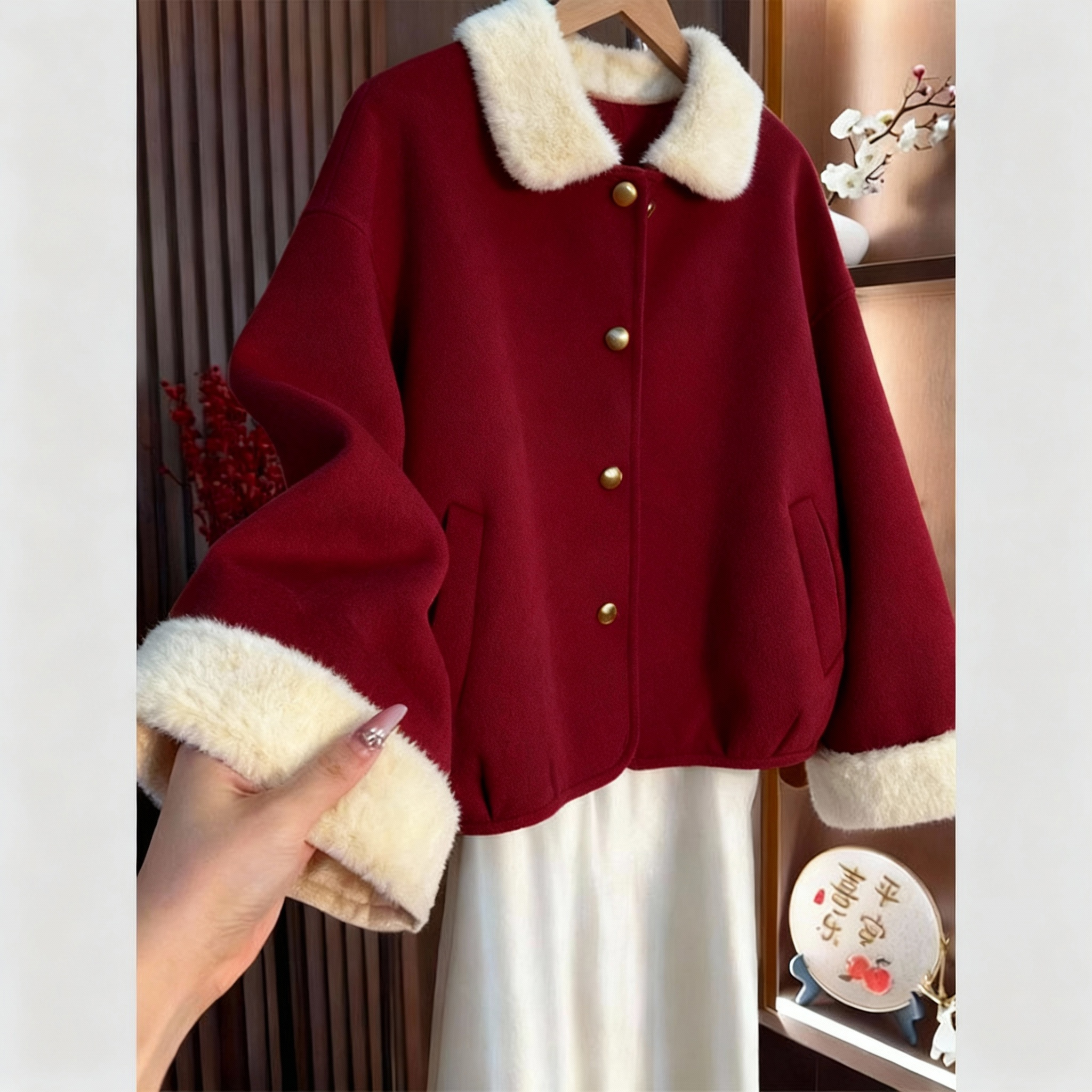 新年圣诞高级感酒红色毛呢外套女绝美巨好看小香风上衣厚冬季爆款