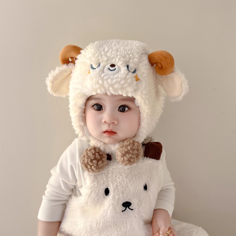 婴儿帽子秋冬款毛绒帽男宝宝可爱加厚保暖毛绒防风婴幼儿护耳冬季