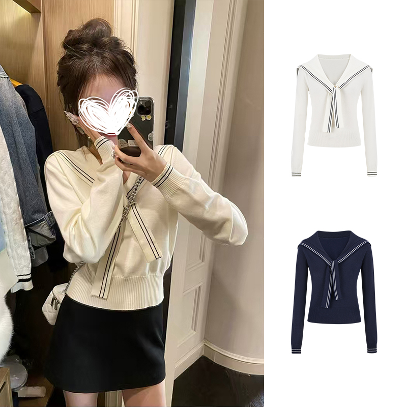 Moses Queen/魔西女王海军领秋季针织学院风拼接毛针织衫时尚上衣