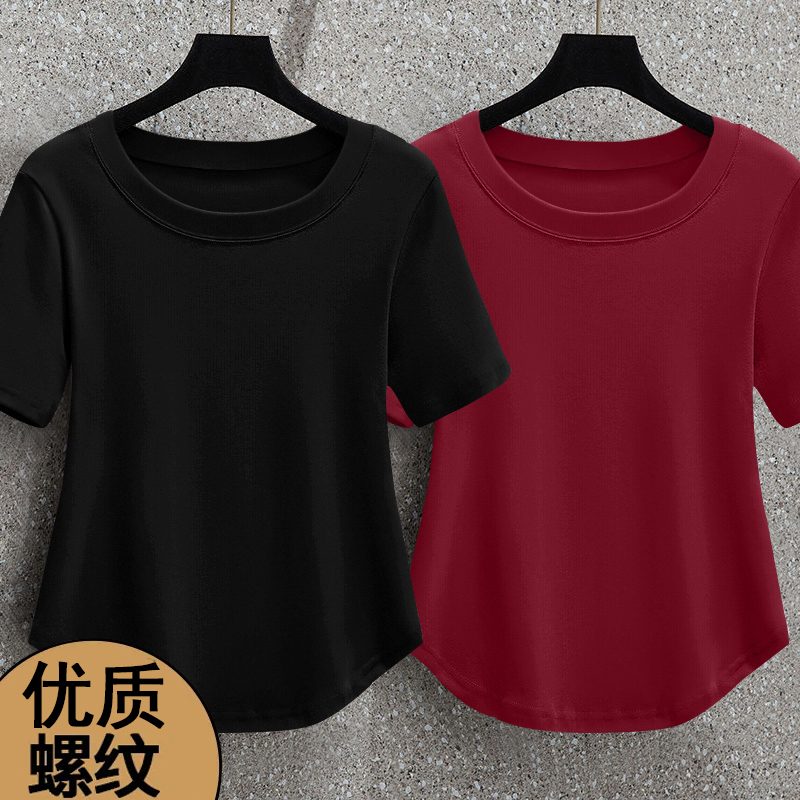 夏季休闲百搭微胖女生短袖T恤纯色螺纹圆领不规则显瘦大码女上衣