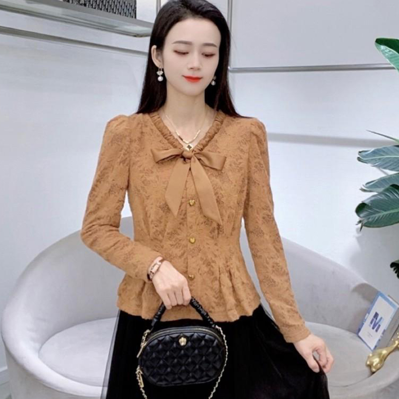 时尚洋气蝴蝶结V领长袖衬衣女春秋新款时髦蕾丝气质收腰显瘦上衣