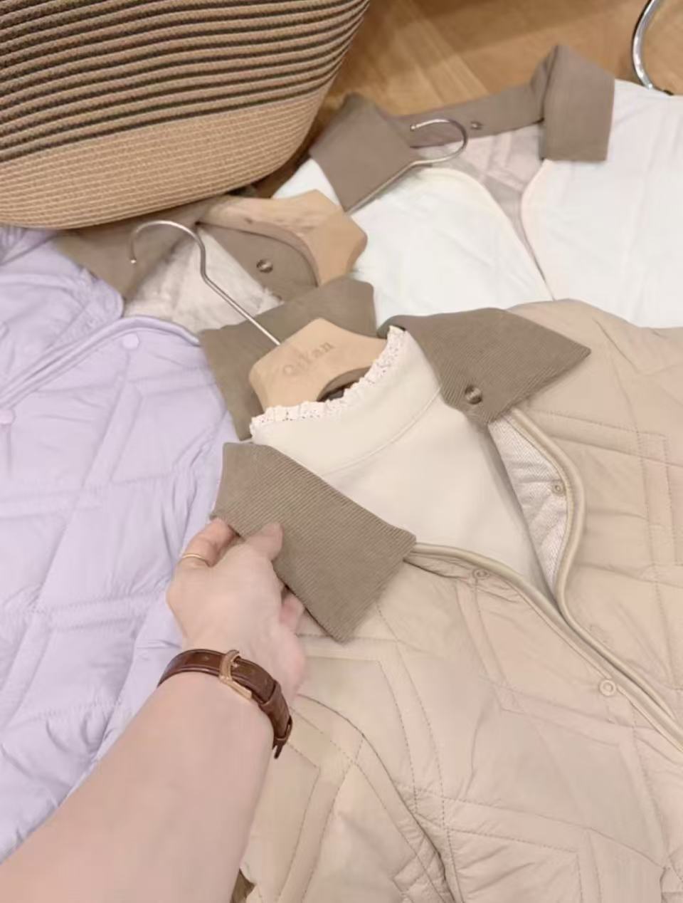 七言家新品 #  菱格翻领珍羊毛气绒衣棉服外套(可拆卸领子）@