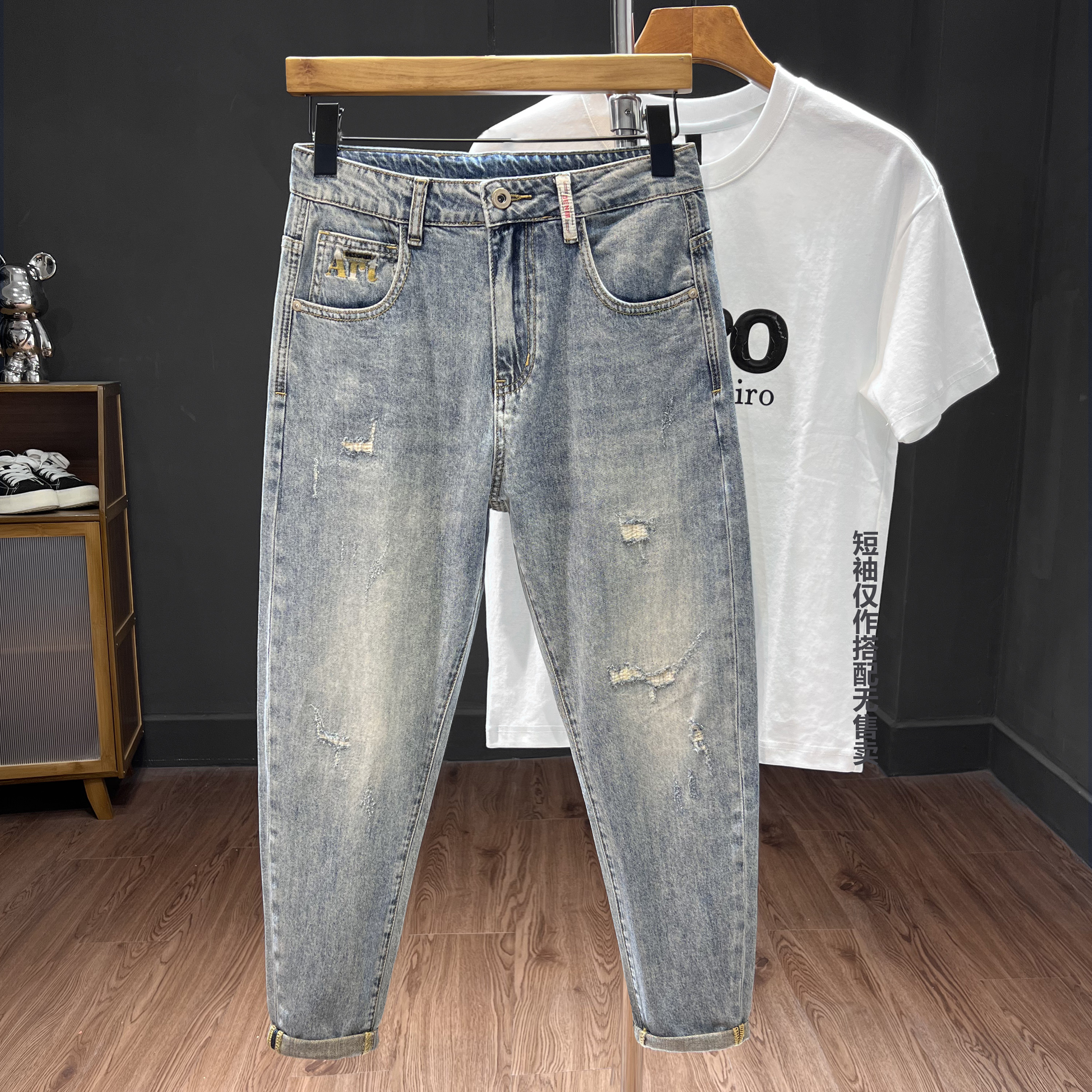 （九分裤）新款破洞补丁休闲牛仔裤男修身小脚裤弹力破洞牛仔裤男款