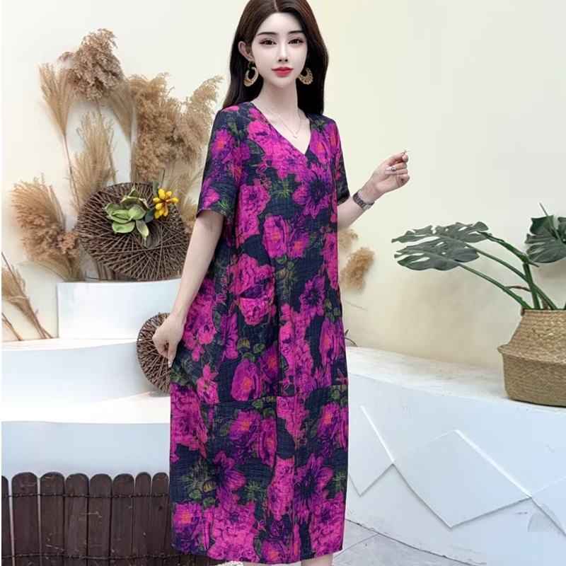紫色底花新款V领高端妈妈装天丝棉麻过膝薄款中长款连衣裙8989-3