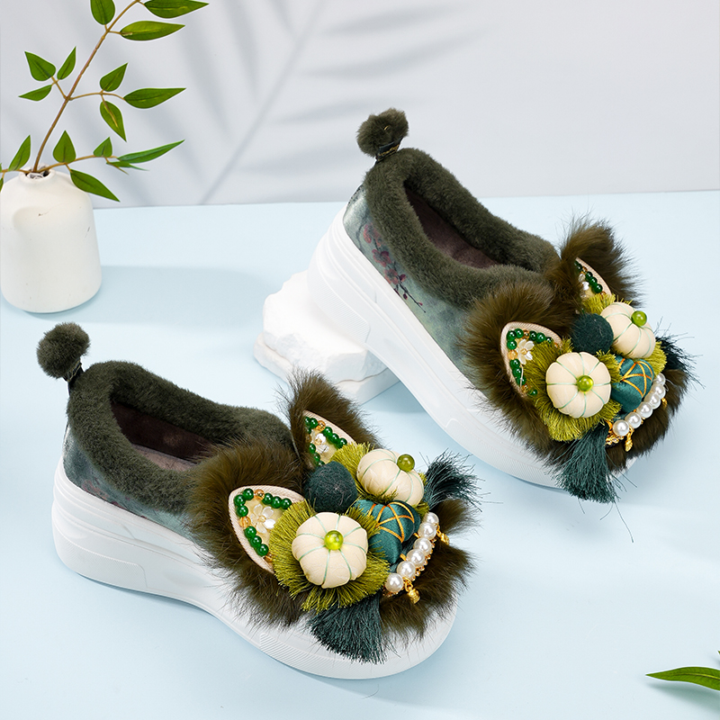 2025新款厚底【绿色棉鞋】真兔毛虎头鞋手工绣花鞋民族风1913-107