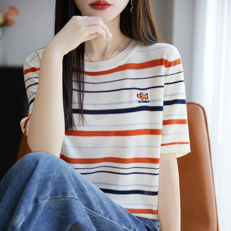 品牌时尚女装夏季条纹刺绣圆领短袖Tt恤女洋气时尚针织衫上衣薄款
