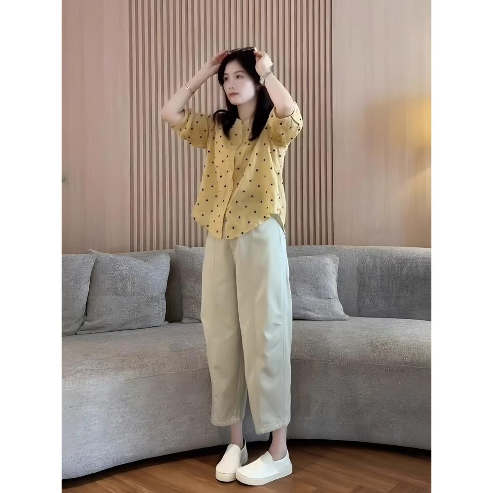 夏季减龄一整套穿搭法式设计感长袖波点衬衫阔腿休闲裤洋气两件套