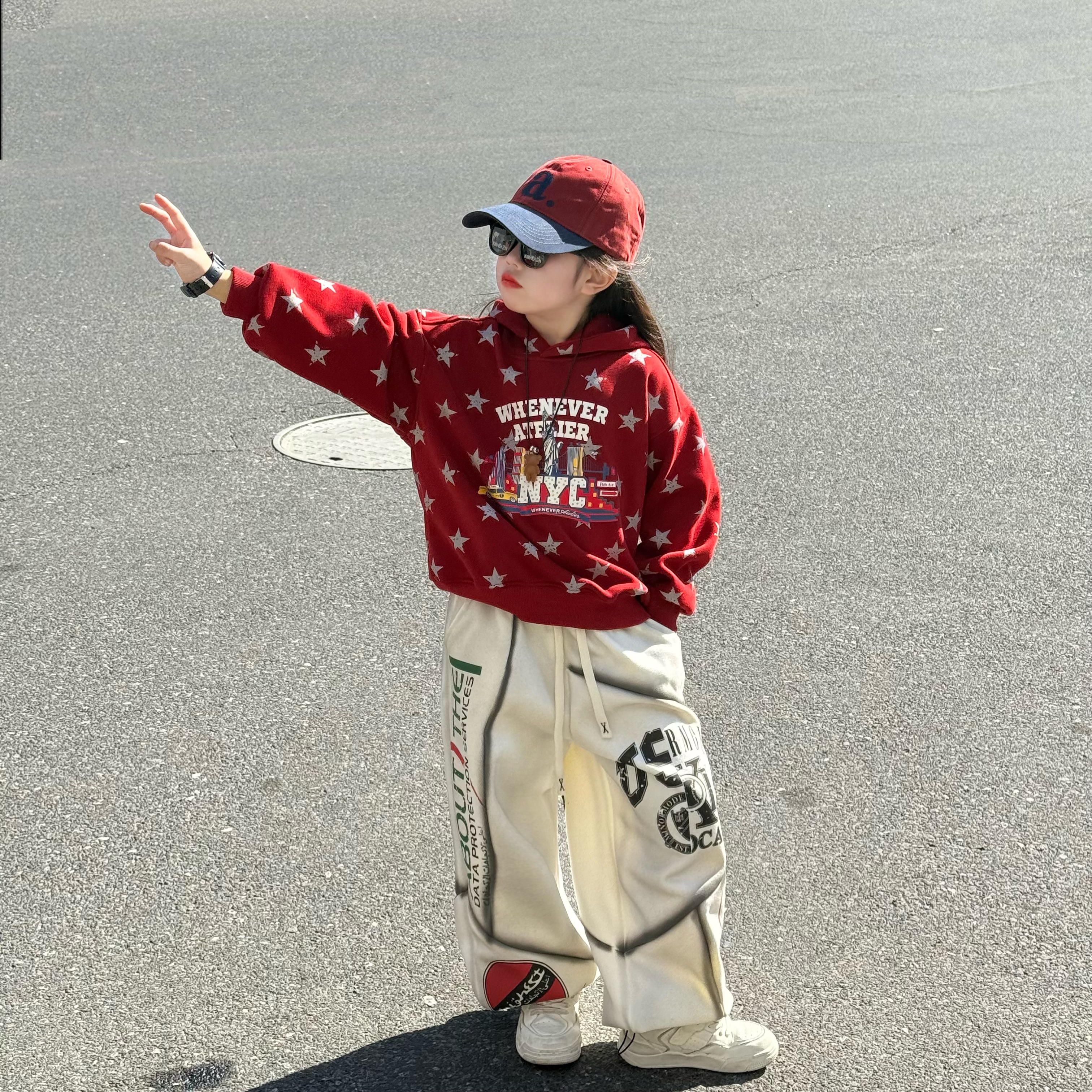 男女童冬季潮酷痞帅加绒卫衣卫裤两件套中大童街舞风个性阔腿裤潮