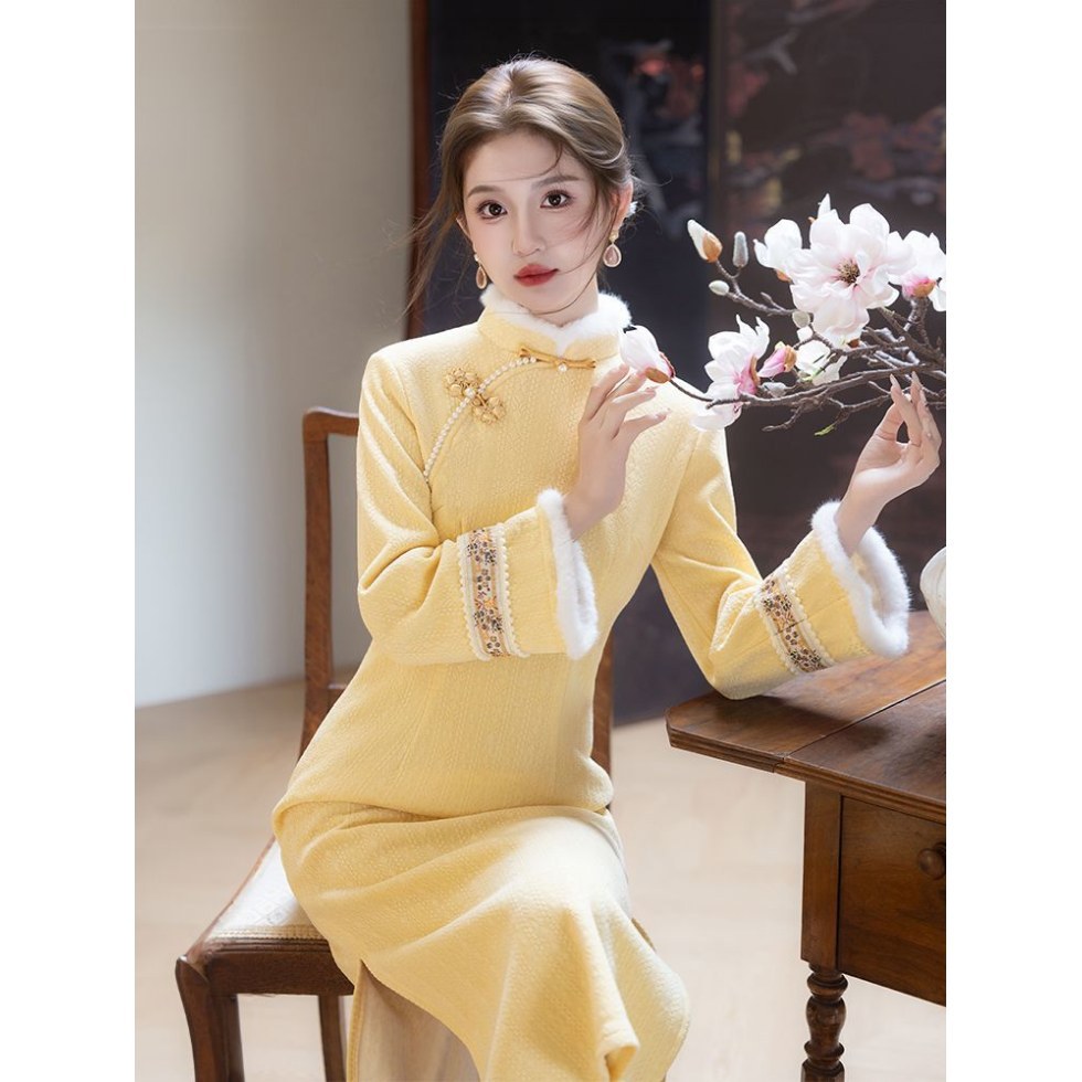 新款民国风2025秋冬加厚年轻女装女式长袖长旗袍新中式日常可穿黄