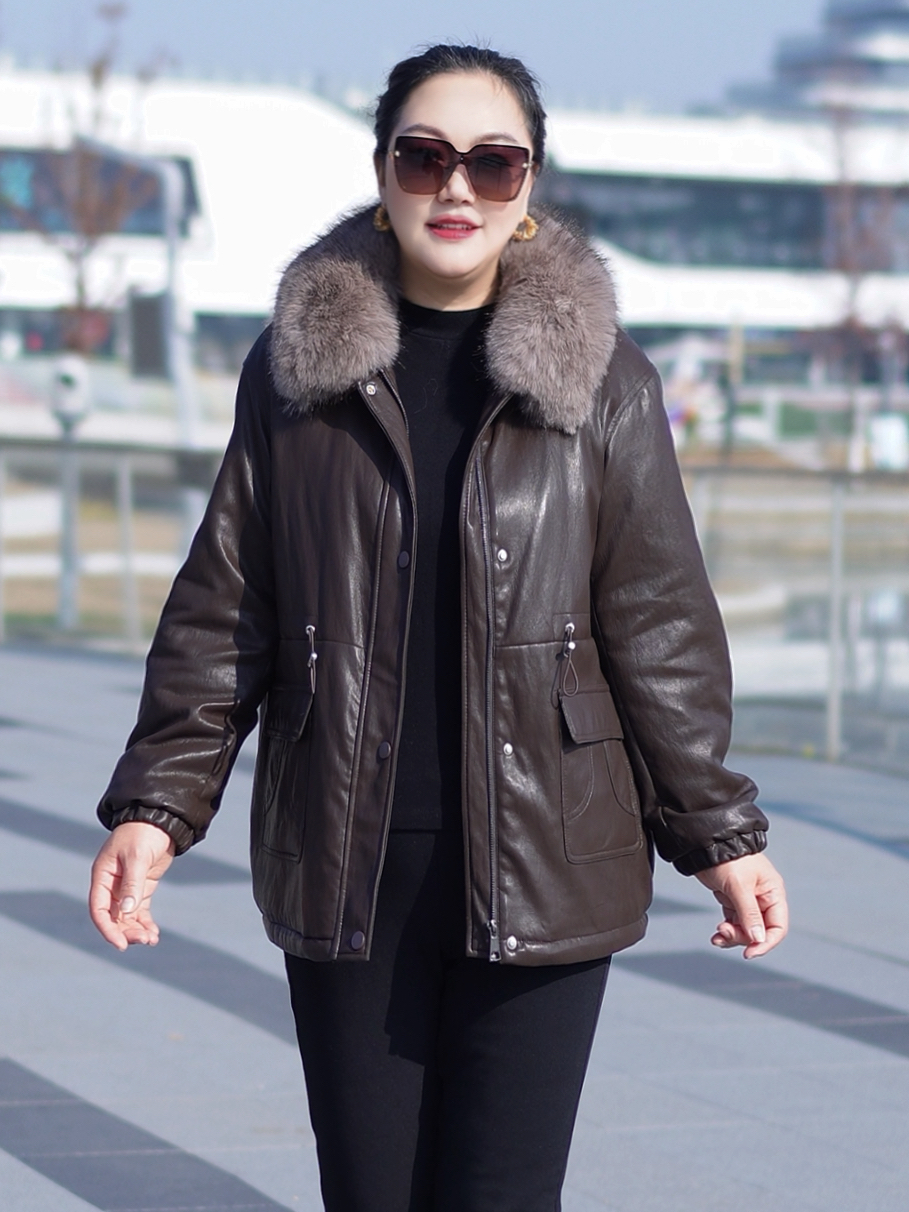冬季女士皮衣加绒大毛领手长款时尚厚款休闲派克服大码女装58839