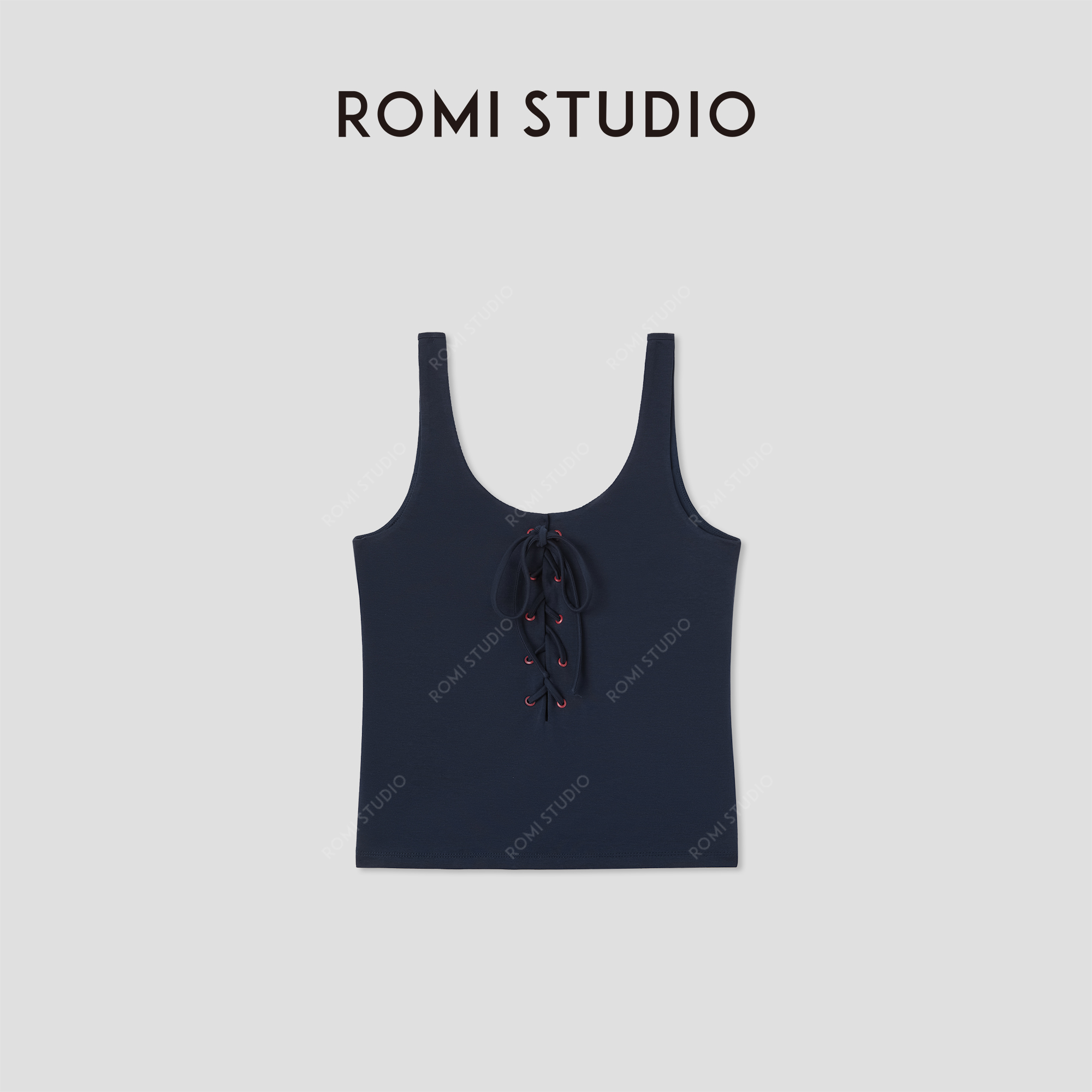 ROMI STUDIO“简约复古”莫代尔棉U领绑带撞色针织背心 RWCRSL4576