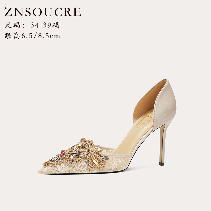 羊皮！水钻时尚名媛风高跟鞋女2025夏季新款网纱透气婚鞋日常可穿