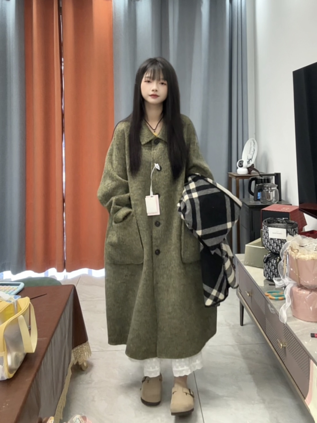 欧版立体3D大口袋羊毛大衣长款定制时尚百搭 24015