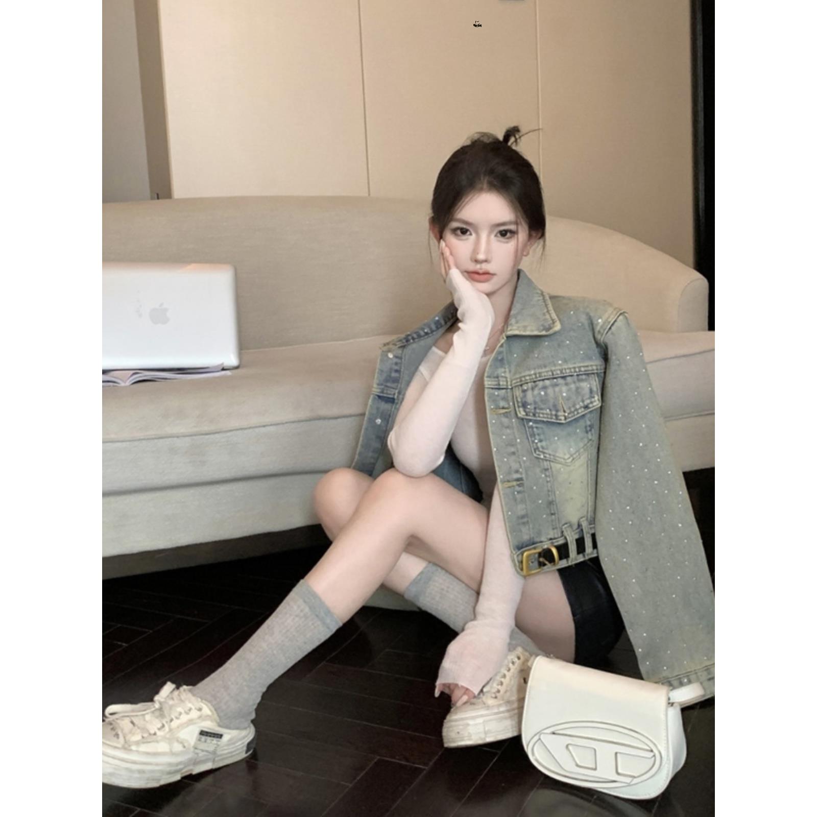 香港风格覆古牛仔女夹克春秋季新款小宽松修身菱形短休闲夹克上衣