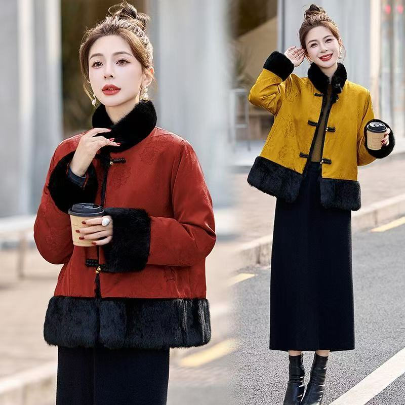 新中式短款公主风民族风宽松型时尚保暖拼接棉服