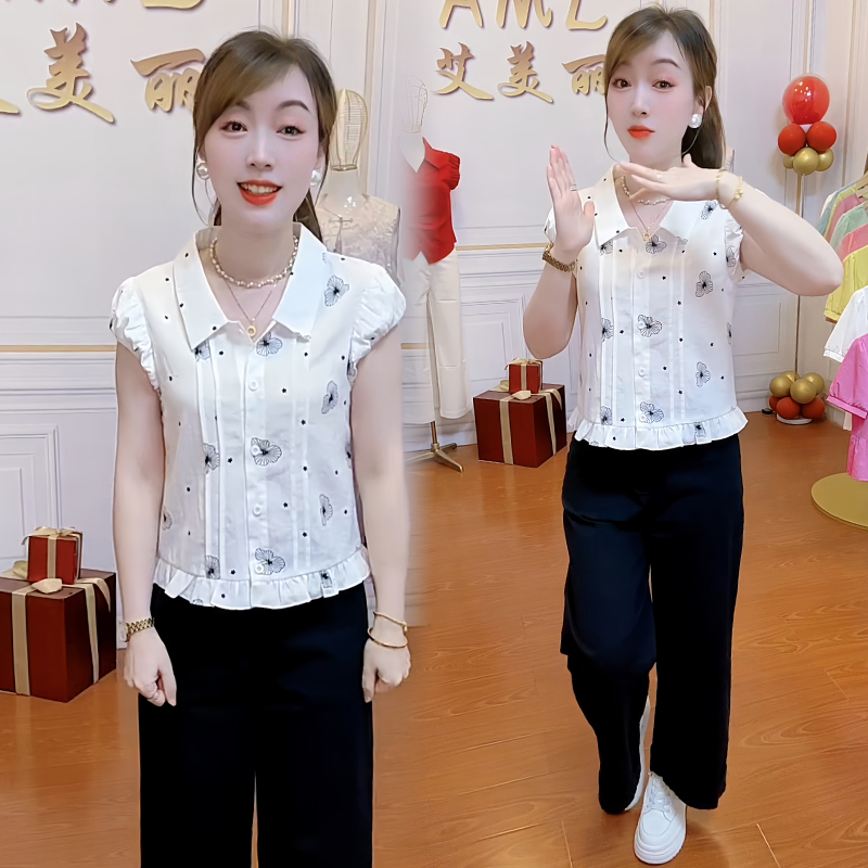 设计感小众印花短袖衬衫女2025年夏季新款洋气百搭显瘦polo领上衣