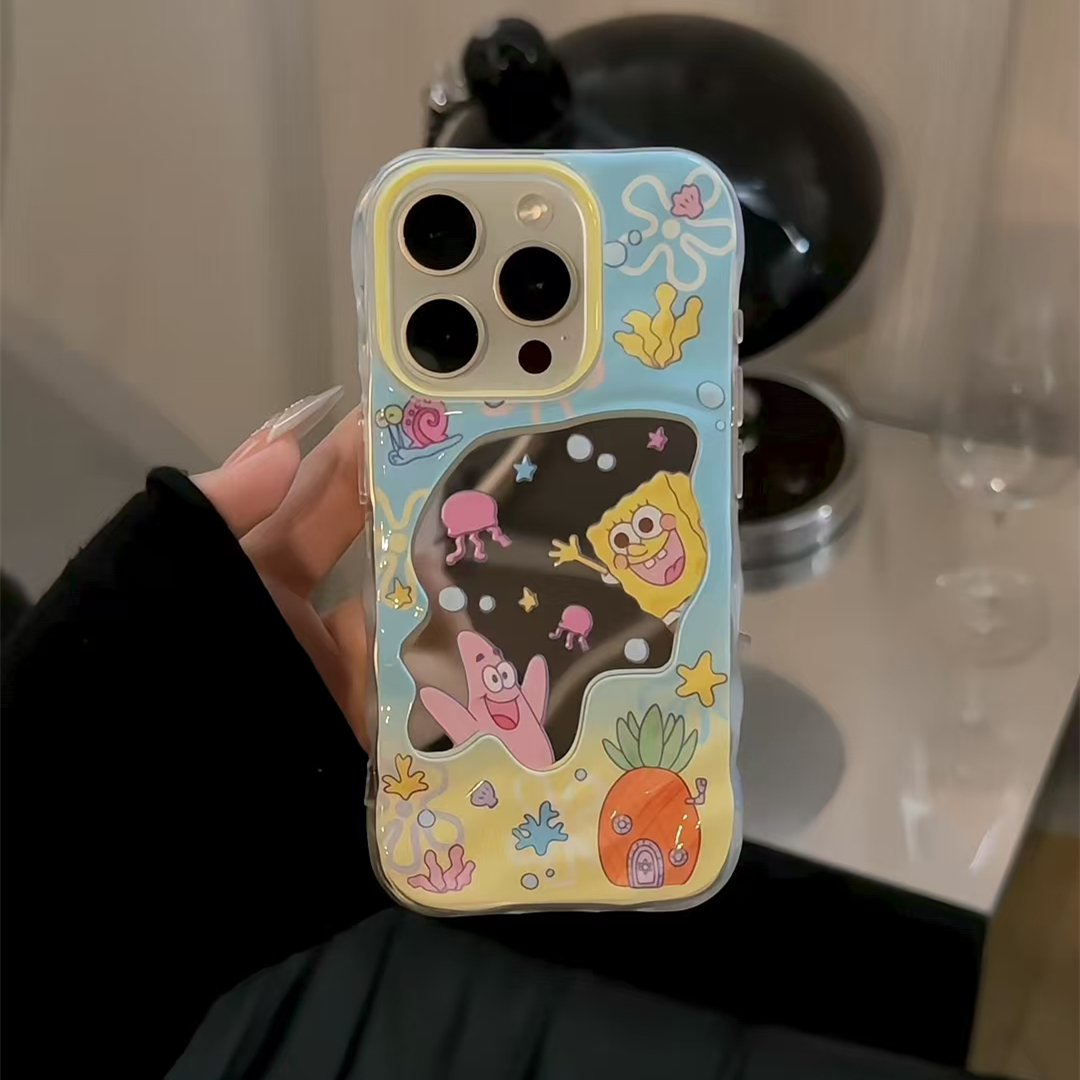 菠萝屋海绵宝宝适用苹果16/15promax华为P80/70pro波浪镜子手机壳